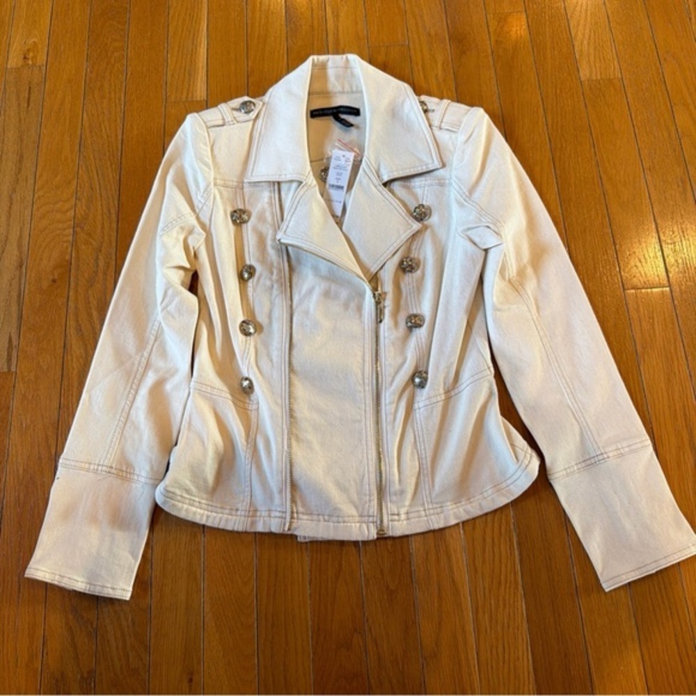New White House Black Market Jacket Womens 4 Beige Button Zip Front Moto Peplum